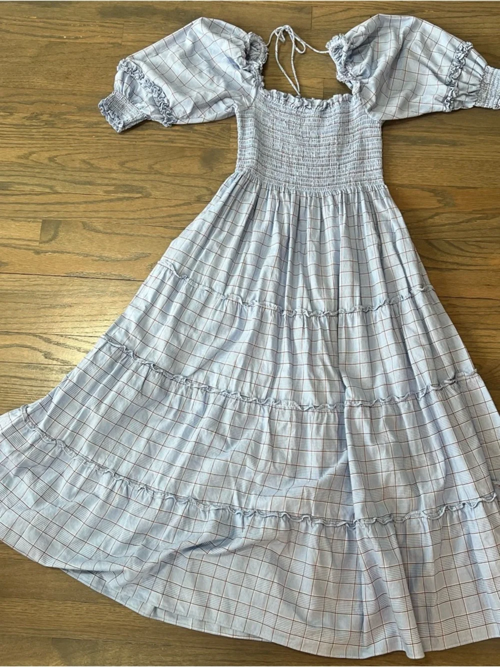 Hill House Nesli Nap Dress Puff Sleeve Square Neck Tiered Plaid Small Coquette - Picture 2 of 8